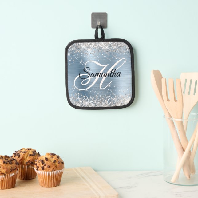 Silver Glitzer Light Blue Foil Extravagant Monogra Topflappen (Insitu (Hängend))