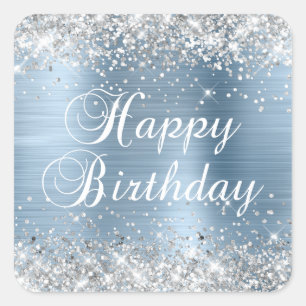 Silver Glitzer Light Blue Foil Happy Birthday Quadratischer Aufkleber