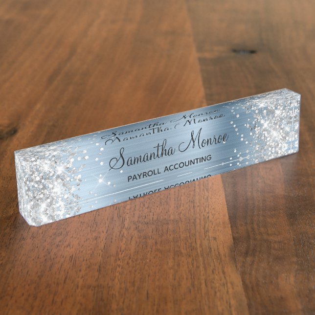 Silver Glitzer Light Blue Foil Namensplakette (Seite)