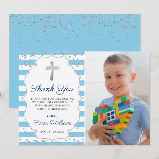 Silver Glitzer Light Blue Foto Erste Kommune Dankeskarte (Vorne/Hinten)