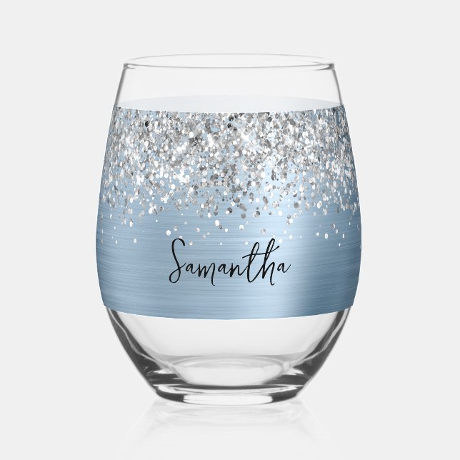 Silver Glitzer Light Blue Glam Name Weinglas Ohne Stiel (Vorderseite)