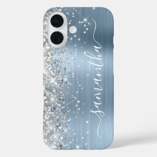 Silver Glitzer Light Blue Metallic Girly Signature iPhone 16 Hülle