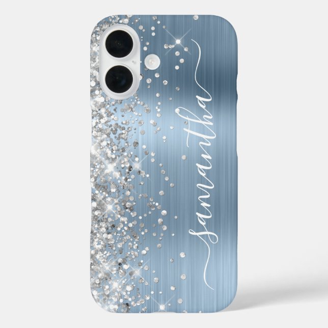 Silver Glitzer Light Blue Metallic Girly Signature iPhone 16 Hülle (Rückseite)