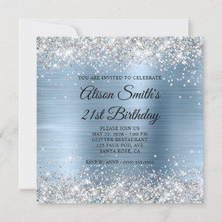 Silver Glitzer Light Blue Monogram 21. Geburtstag Einladung