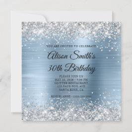 Silver Glitzer Light Blue Monogram 30. Geburtstag Einladung