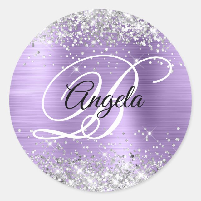 Silver Glitzer Light Lila Foil Extravagant Monogra Runder Aufkleber (Vorderseite)