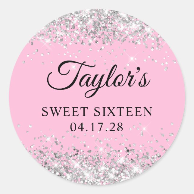 Silver Glitzer Light Pink 16 . Geburtstag Runder Aufkleber (Vorderseite)