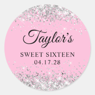 Silver Glitzer Light Pink 16 . Geburtstag Runder Aufkleber