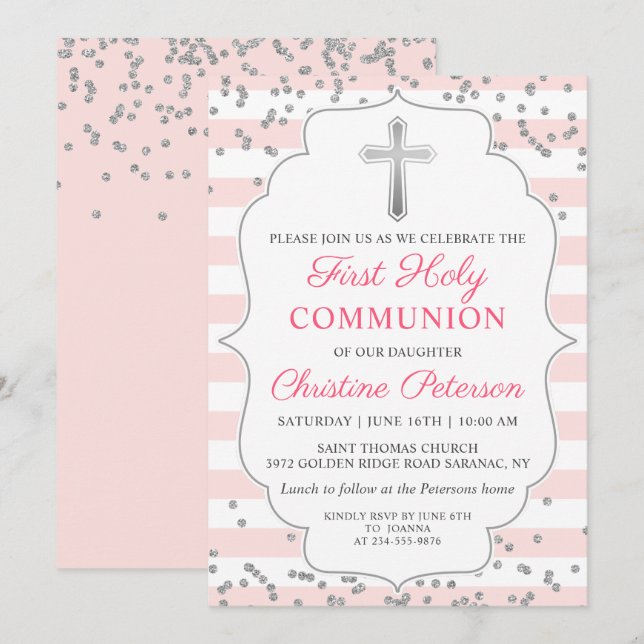 Silver Glitzer Light Pink Erste Heilige Kommune Einladung (Vorne/Hinten)