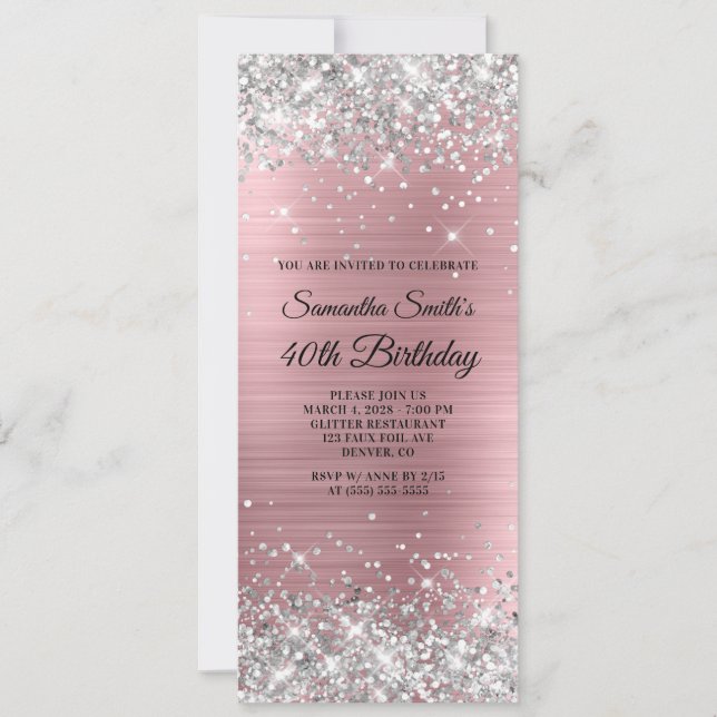 Silver Glitzer Light Pink Foil 40. Geburtstag Einladung (Vorderseite)