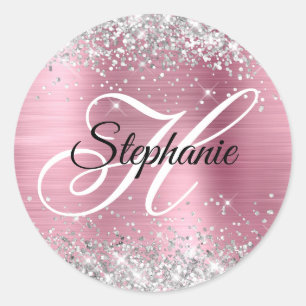 Silver Glitzer Light Pink Foil Extravagant Monogra Runder Aufkleber