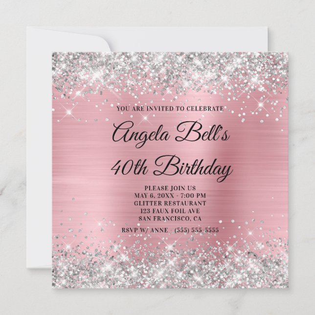 Silver Glitzer Light Pink Shimmer Foil Monogramm Einladung (Vorderseite)