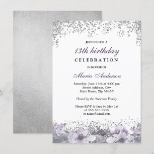 Silver Glitzer Lila Floral 13. Geburtstag Einladun Einladung