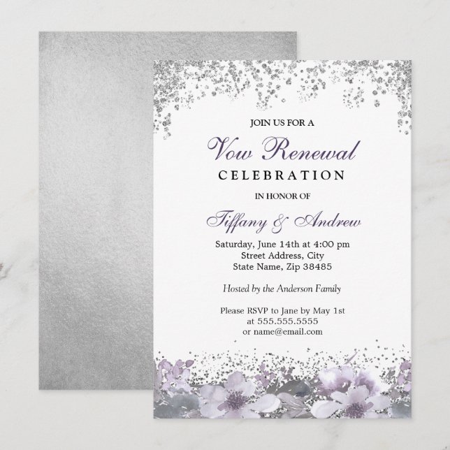 Silver Glitzer Lila Floral Vow Erneuerung einladen Einladung (Vorne/Hinten)