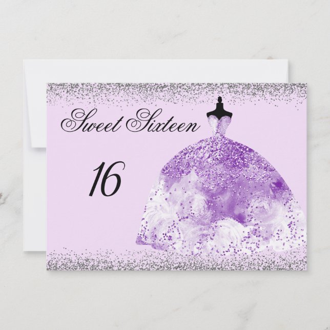 Silver Glitzer Lila Gown Sweet 16 Einladung (Vorderseite)
