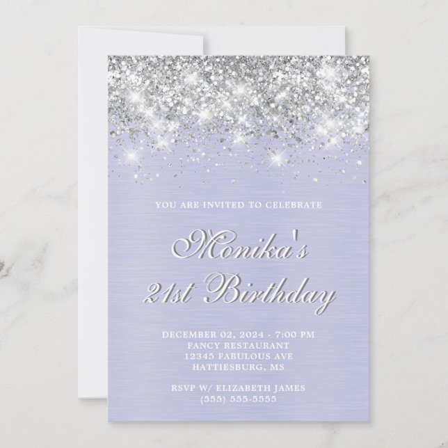 Silver Glitzer Lila Metal Fett 21. Geburtstag Einladung (Vorderseite)