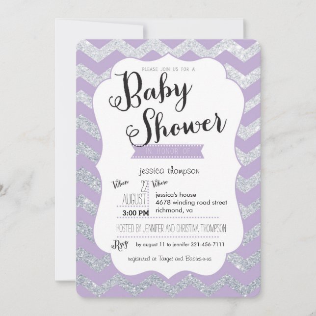 Silver Glitzer & Lila Zickzack Babydusche Einladun Einladung (Vorderseite)