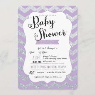 Silver Glitzer & Lila Zickzack Babydusche Einladun Einladung