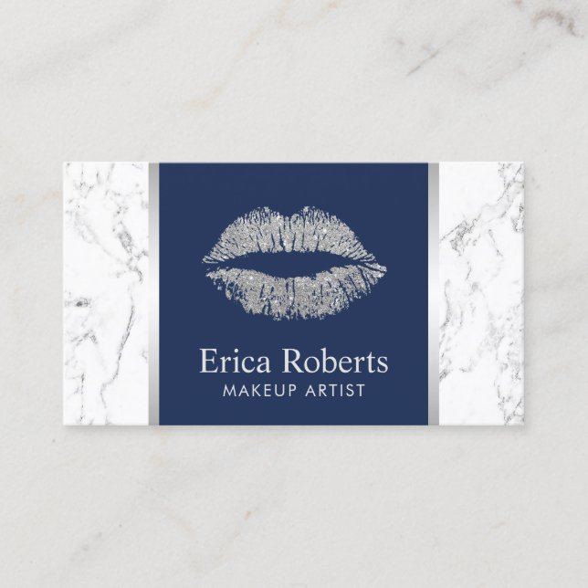 Silver Glitzer Lips Navy Blue Elegante Marmor Visitenkarte (Vorderseite)