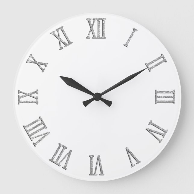Silver Glitzer Look Bold Roman Numerals Große Wanduhr (Vorderseite)