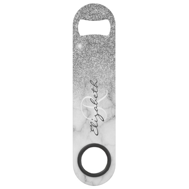 Silver Glitzer Look Marble Ombre Monogram Speed Flaschenöffner (Vorderseite)