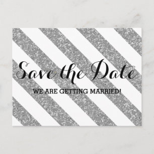Silver Glitzer Look Stripes Save the Date Postkart Ankündigungspostkarte