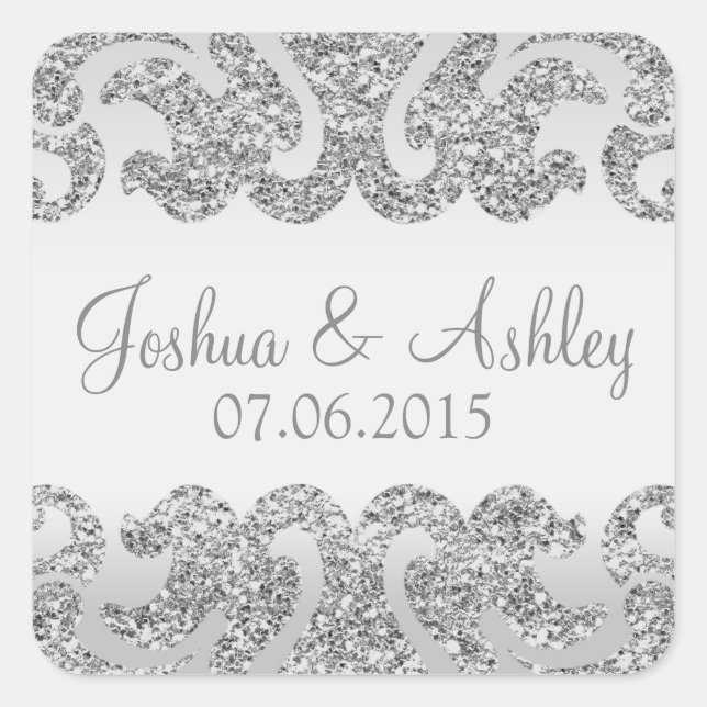 Silver Glitzer Look Wedding Quadratischer Aufkleber (Vorderseite)