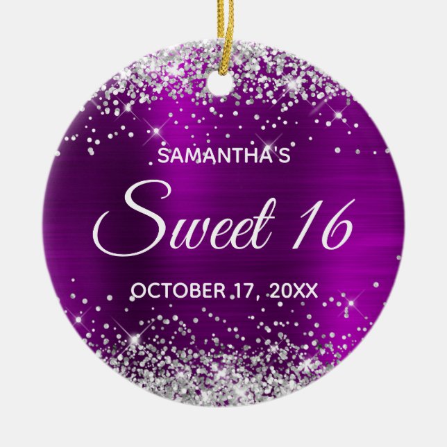 Silver Glitzer Magenta Lila Foil Sweet 16 Keramik Ornament (Vorne)
