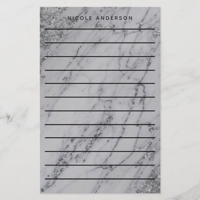 Silver Glitzer Marble Glam Trendy Modern Briefpapier (Vorderseite)