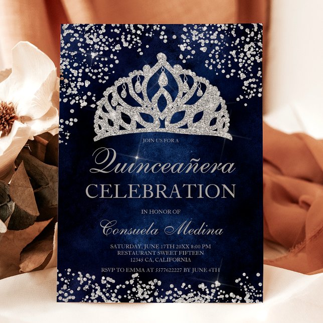 Silver Glitzer Marine blaues Foto Tiara Quinceañer Einladung (Silver glitter navy blue photo tiara Quinceañera Invitation)