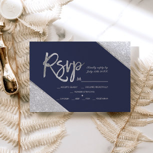 Silver Glitzer Marine Blue Skript Hochzeit Rsvp Karte