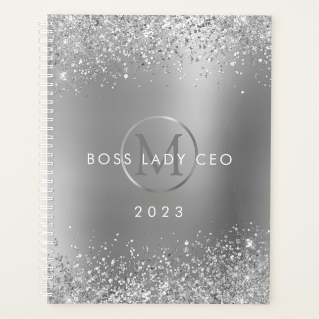 Silver Glitzer Metallic Monogram 2023 Boss Lady Planer (Vorderseite)