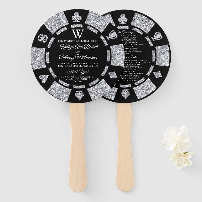 Silver Glitzer Monogram Poker Chip Casino Hochzeit Fächer (Vorne und Hinten)