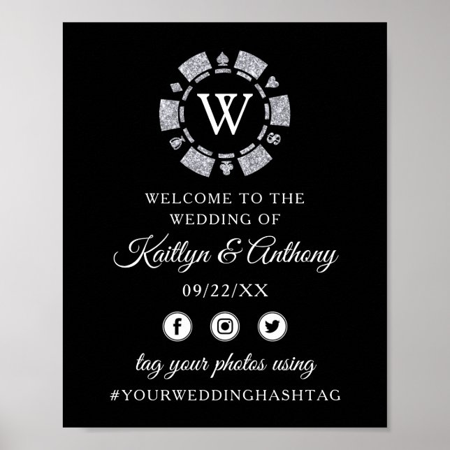Silver Glitzer Monogram Poker Chip Casino Hochzeit Poster (Vorne)