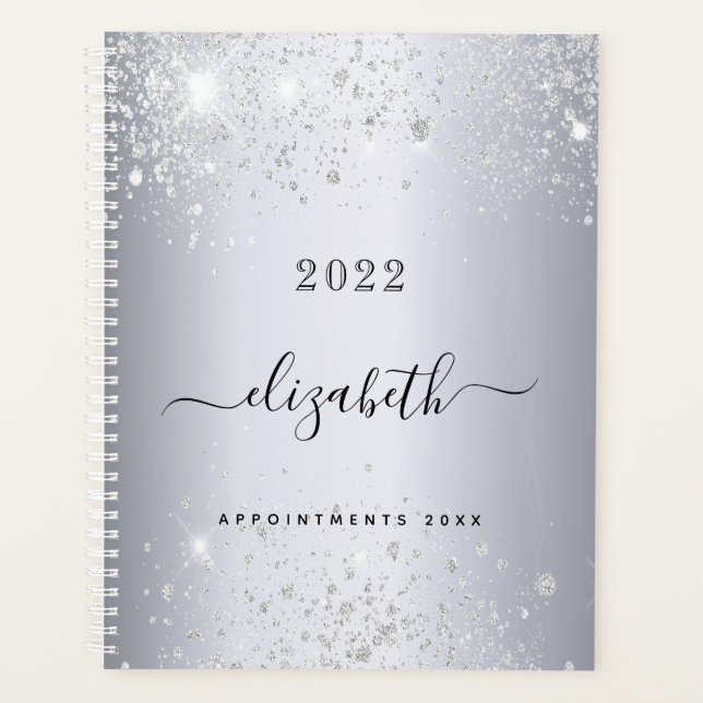 Silver Glitzer Monogramm Name Skript 2025 Planer (Vorderseite)