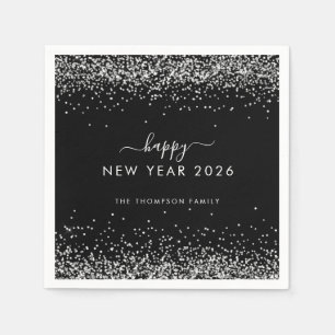 Silver Glitzer Name Black Happy New Year 2025 Serviette