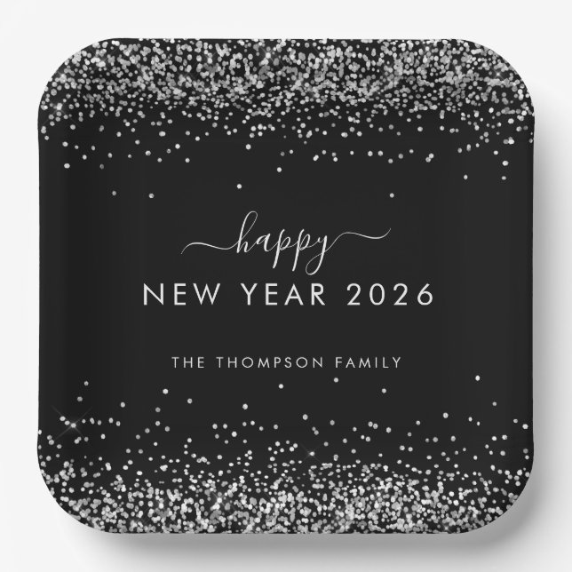 Silver Glitzer Name Black Happy New Year 2026 Pappteller (Vorderseite)