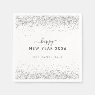 Silver Glitzer Name White Happy New Year 2026 Serviette