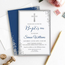 Silver Glitzer Navy Blue Boy Taufe Einladung