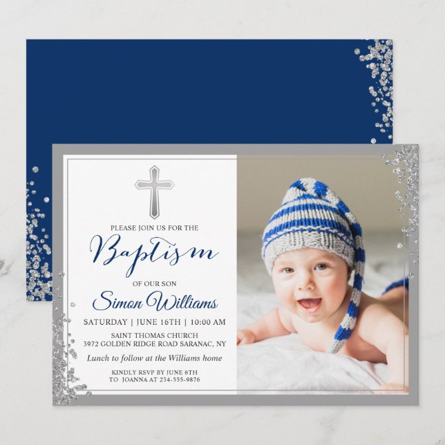 Silver Glitzer Navy Blue Boy Taufe Foto Einladung (Vorne/Hinten)