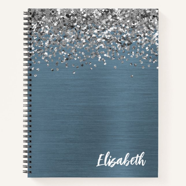 Silver Glitzer Navy Blue Brushed Metal Monogram Notizbuch (Vorderseite)