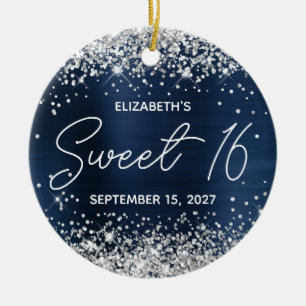 Silver Glitzer Navy Blue Extravagant Sweet 16 Foto Keramik Ornament