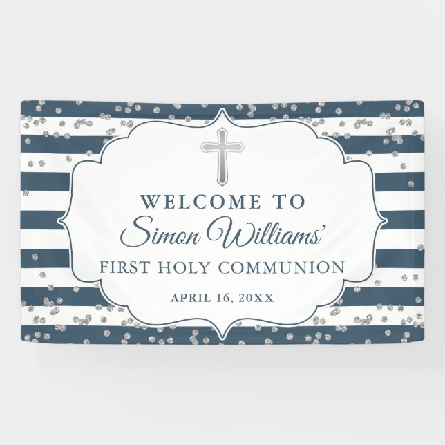 Silver Glitzer Navy Blue First Heilige Kommune Banner (Horizontal)