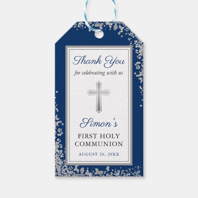 Silver Glitzer Navy Blue First Heilige Kommune Geschenkanhänger (Vorderseite)