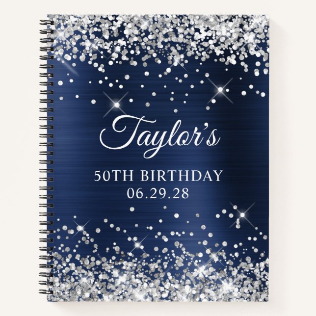 Silver Glitzer Navy Blue Foil 50th Birthday Guest Notizbuch (Vorderseite)