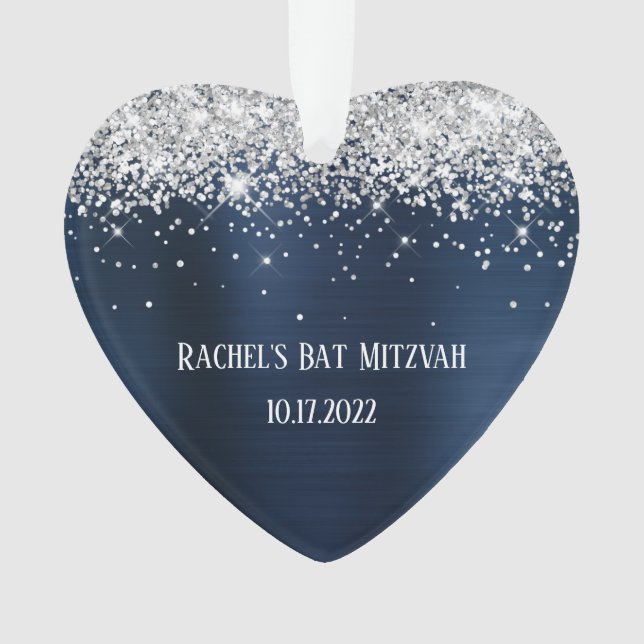 Silver Glitzer Navy Blue Foil Bat Mitzvah Herz Ornament (Vorderseite)