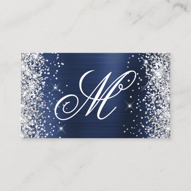 Silver Glitzer Navy Blue Foil Extravagant Mit Mono Visitenkarte (Vorderseite)
