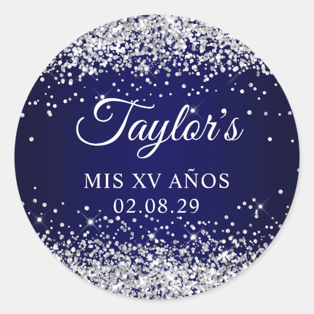 Silver Glitzer Navy Blue Mis XV Anos Runder Aufkleber (Vorderseite)