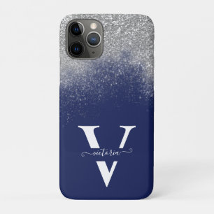 Silver Glitzer Navy Blue Monogram EleganCustom Case-Mate iPhone Hülle