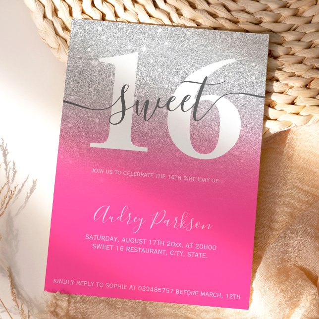 Silver Glitzer Neon pink ombre mädchenhaft Sweet 1 Einladung (Von Creator hochgeladen)